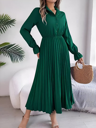 Collar Buttoned Long Sleeve Maxi Pleated Shirt Dress