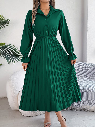 Collar Buttoned Long Sleeve Maxi Pleated Shirt Dress