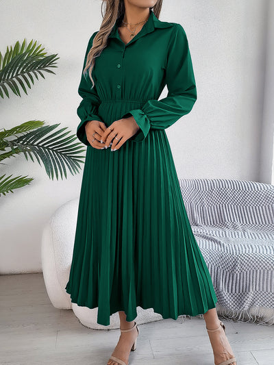 Collar Buttoned Long Sleeve Maxi Pleated Shirt Dress