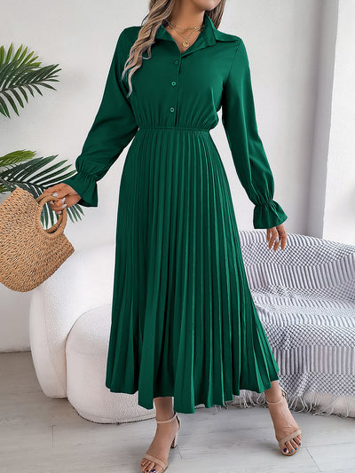 Collar Buttoned Long Sleeve Maxi Pleated Shirt Dress