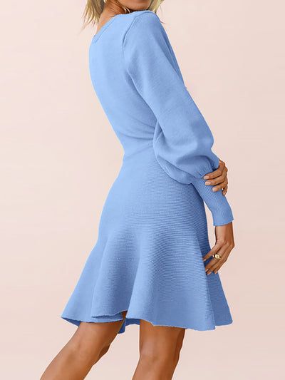 Long Sleeved Round Neck Solid Color Mini Sweater Dress