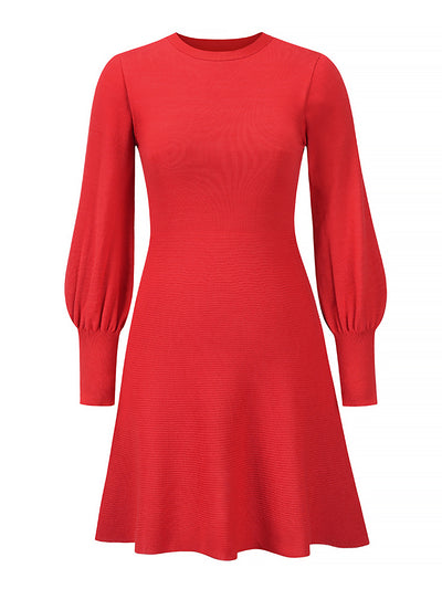 Long Sleeved Round Neck Solid Color Mini Sweater Dress