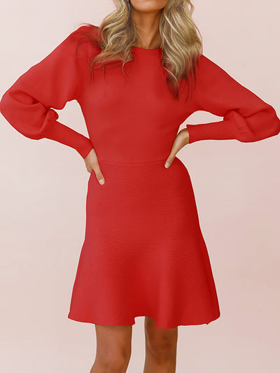 Long Sleeved Round Neck Solid Color Mini Sweater Dress