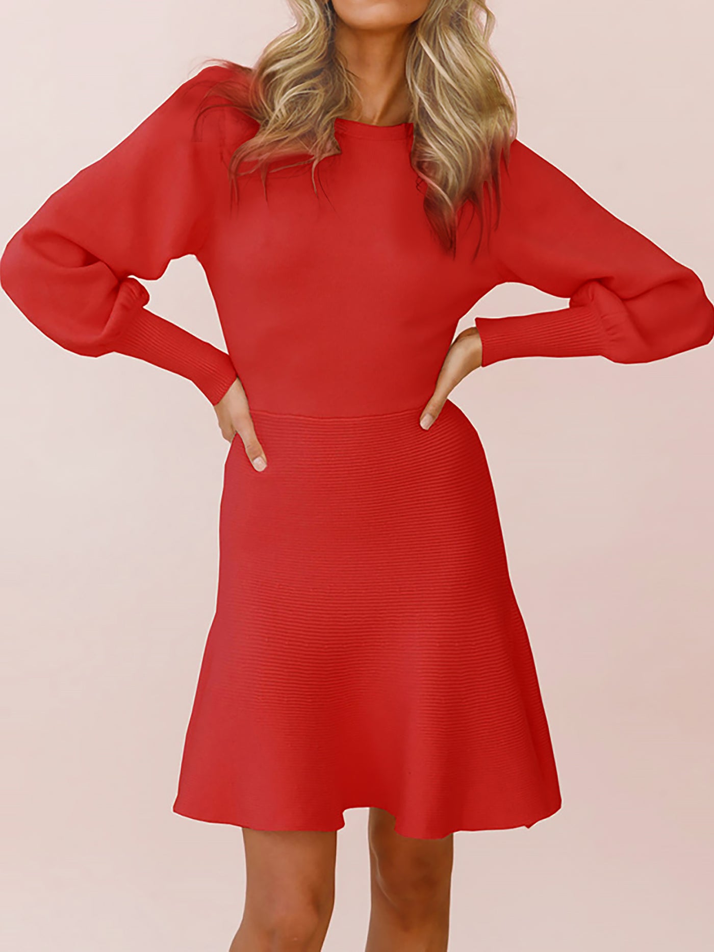 Allegra K Long Sleeved Round Neck Solid Color Mini Sweater Dress