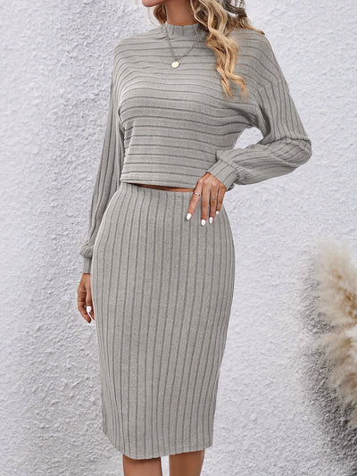 2 Pieces Knit Long Sleeves Cropped Top & Sweater Midi Pencil Skirt Set