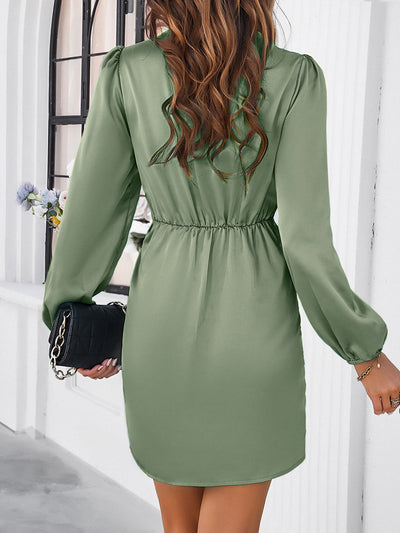 Solid Color Satin Puff Sleeve Pleated Mini Sheath Dress