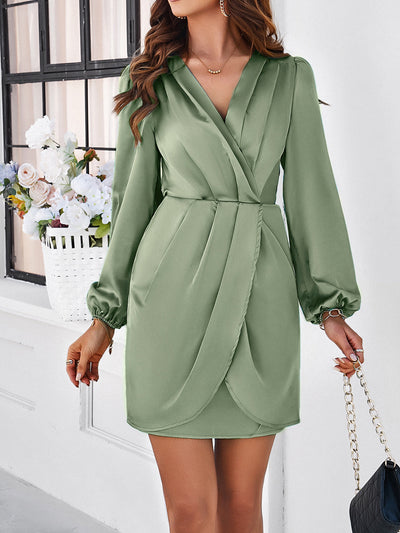 Solid Color Satin Puff Sleeve Pleated Mini Sheath Dress