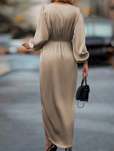 Satin V Neck Puff Long Sleeve Hi-Lo Hem Midi Dress