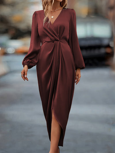 Satin V Neck Puff Long Sleeve Hi-Lo Hem Midi Dress