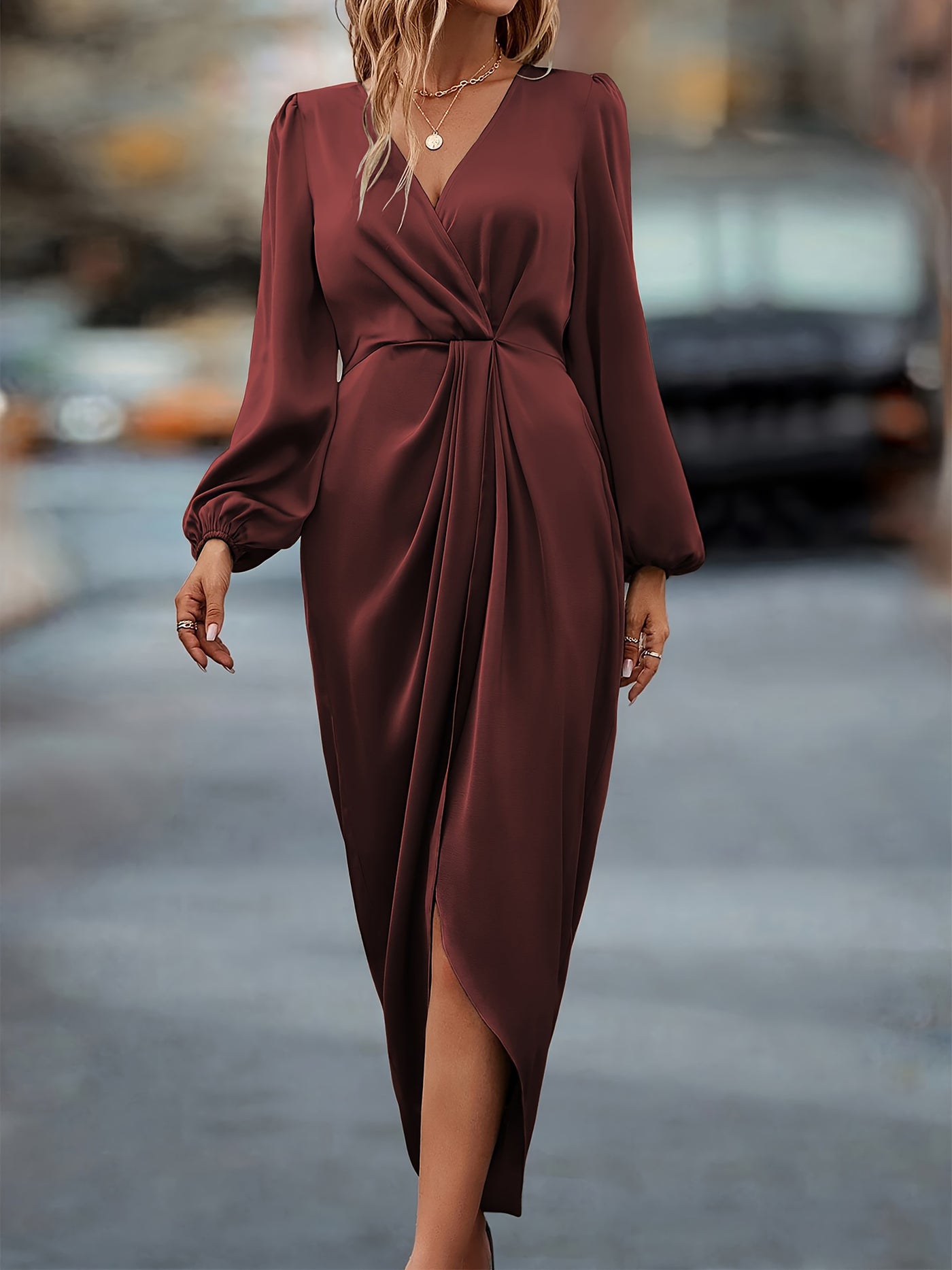 Allegra K Satin V Neck Puff Long Sleeve Hi-Lo Hem Midi Dress