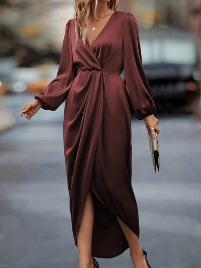 Satin V Neck Puff Long Sleeve Hi-Lo Hem Midi Dress