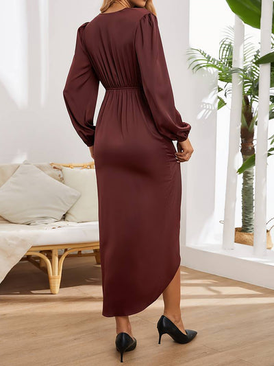 Satin V Neck Puff Long Sleeve Hi-Lo Hem Midi Dress