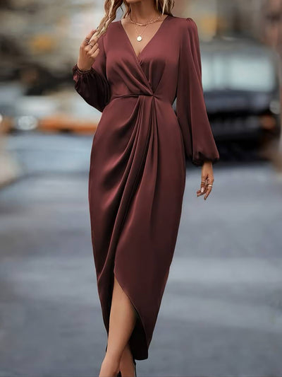 Satin V Neck Puff Long Sleeve Hi-Lo Hem Midi Dress