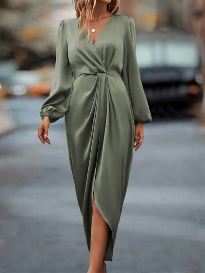 Satin V Neck Puff Long Sleeve Hi-Lo Hem Midi Dress