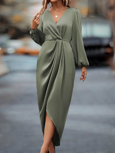 Satin V Neck Puff Long Sleeve Hi-Lo Hem Midi Dress