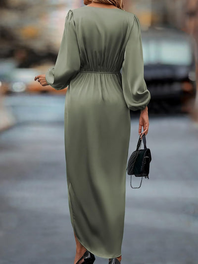 Satin V Neck Puff Long Sleeve Hi-Lo Hem Midi Dress