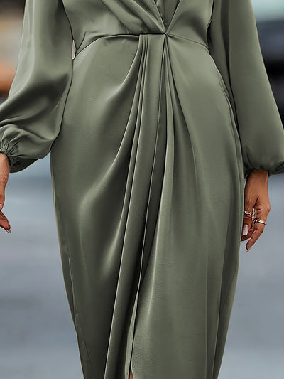 Satin V Neck Puff Long Sleeve Hi-Lo Hem Midi Dress