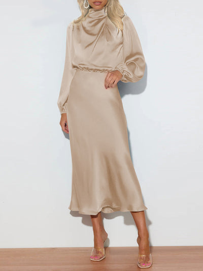 Satin Ruched Long Sleeve Solid Color Midi Dress