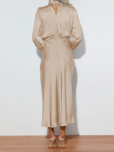 Satin Ruched Long Sleeve Solid Color Midi Dress