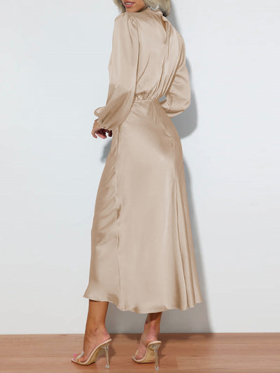 Satin Ruched Long Sleeve Solid Color Midi Dress