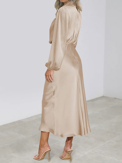 Satin Ruched Long Sleeve Solid Color Midi Dress