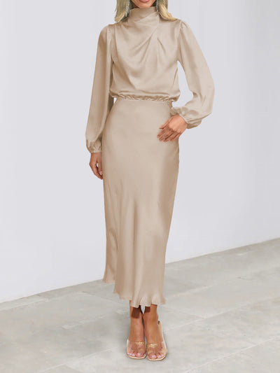 Satin Ruched Long Sleeve Solid Color Midi Dress