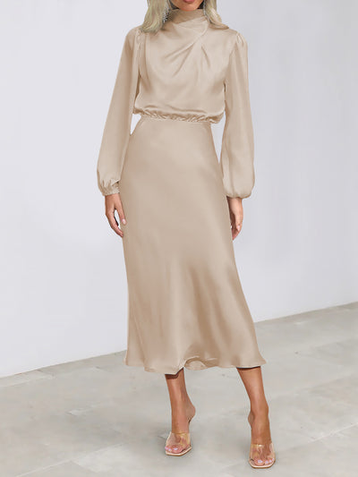 Satin Ruched Long Sleeve Solid Color Midi Dress