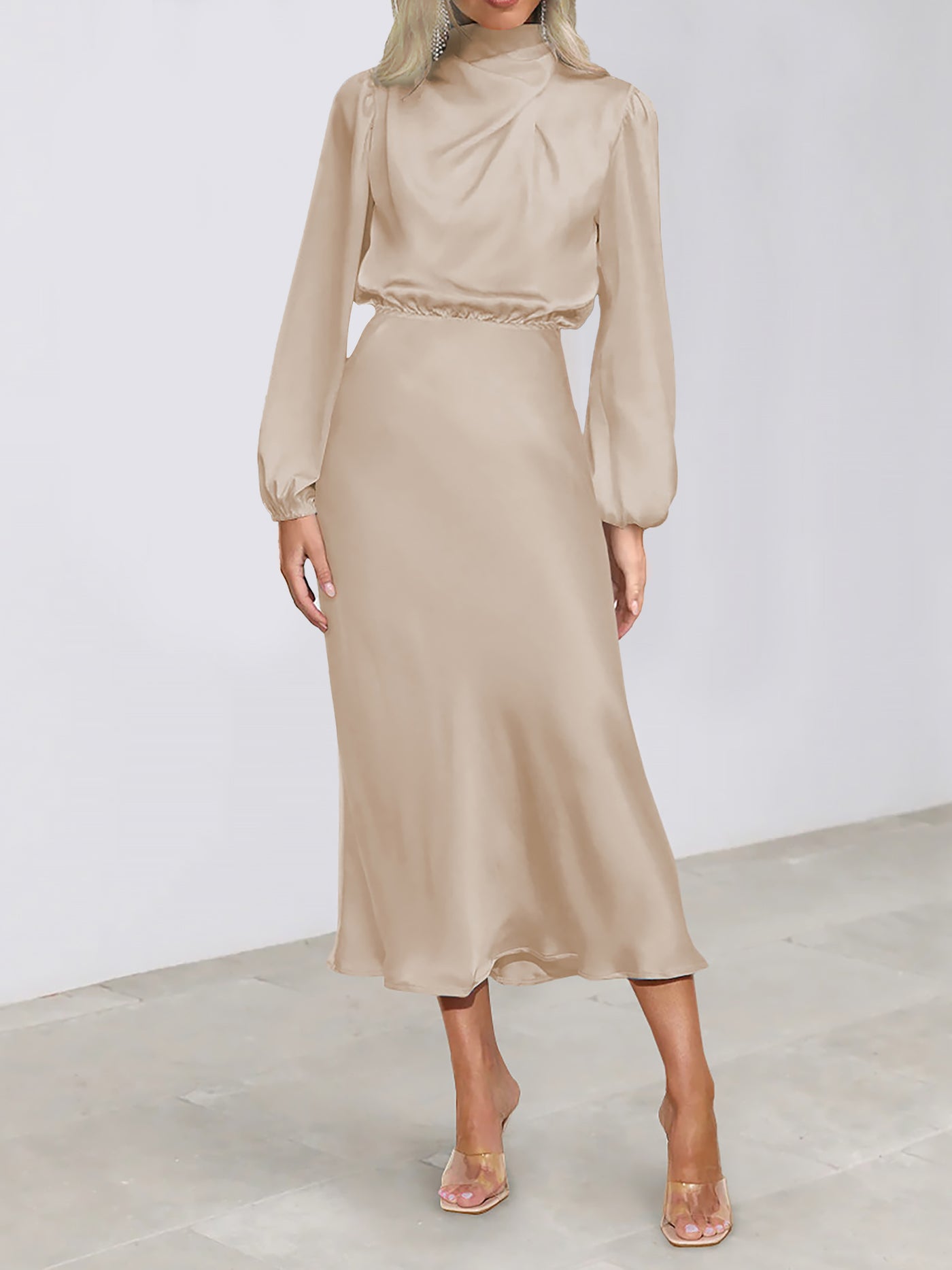 Allegra K Satin Ruched Long Sleeve Solid Color Midi Dress