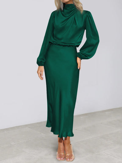 Satin Ruched Long Sleeve Solid Color Midi Dress