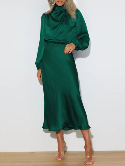 Satin Ruched Long Sleeve Solid Color Midi Dress