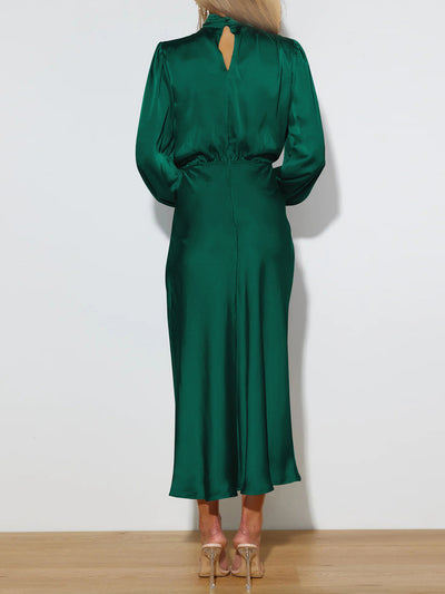 Satin Ruched Long Sleeve Solid Color Midi Dress