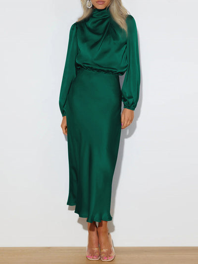 Satin Ruched Long Sleeve Solid Color Midi Dress