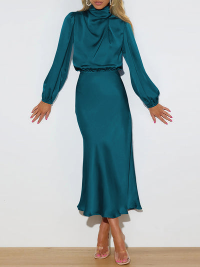 Satin Ruched Long Sleeve Solid Color Midi Dress