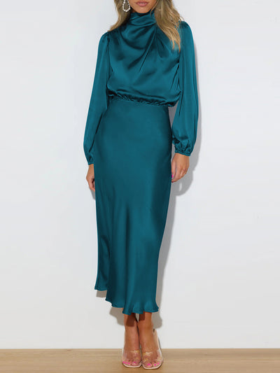 Satin Ruched Long Sleeve Solid Color Midi Dress