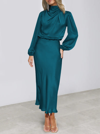 Satin Ruched Long Sleeve Solid Color Midi Dress