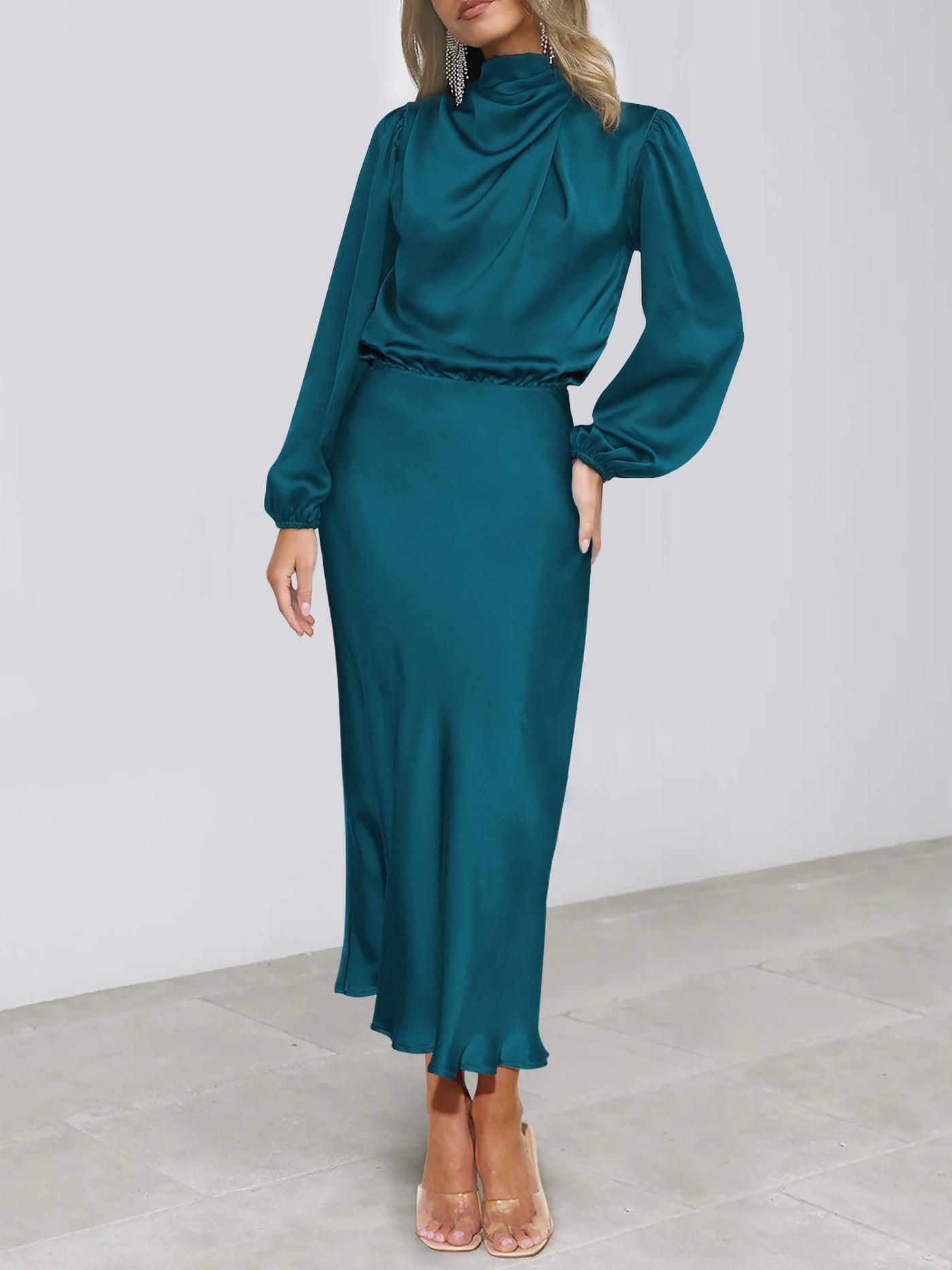 Allegra K Satin Ruched Long Sleeve Solid Color Midi Dress