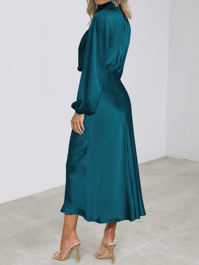 Satin Ruched Long Sleeve Solid Color Midi Dress