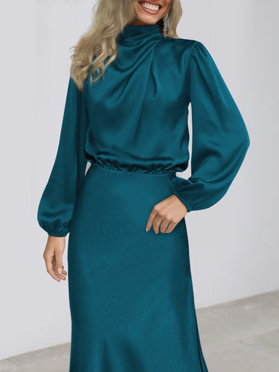 Satin Ruched Long Sleeve Solid Color Midi Dress