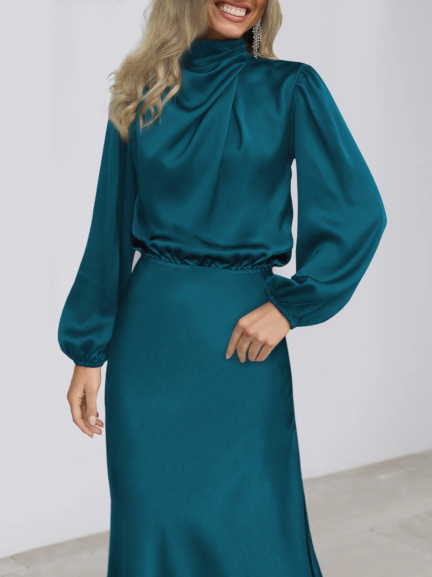 Allegra K Satin Ruched Long Sleeve Solid Color Midi Dress