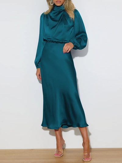 Satin Ruched Long Sleeve Solid Color Midi Dress