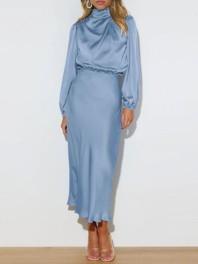 Satin Ruched Long Sleeve Solid Color Midi Dress