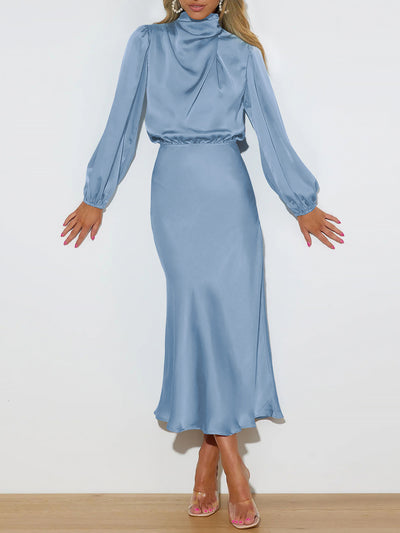 Satin Ruched Long Sleeve Solid Color Midi Dress