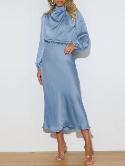 Satin Ruched Long Sleeve Solid Color Midi Dress