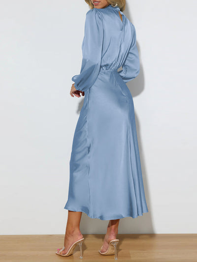 Satin Ruched Long Sleeve Solid Color Midi Dress