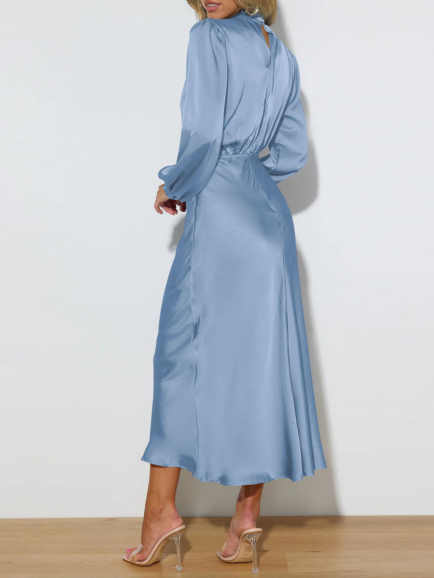 Allegra K Satin Ruched Long Sleeve Solid Color Midi Dress