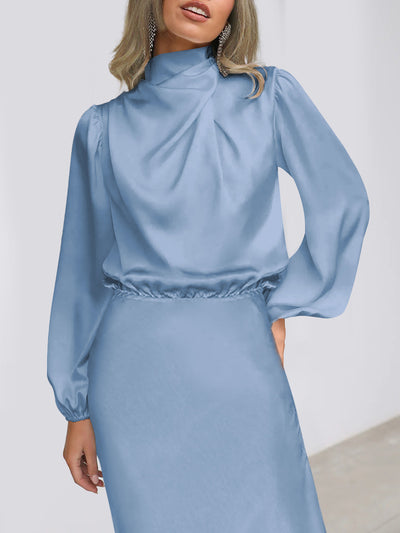 Satin Ruched Long Sleeve Solid Color Midi Dress