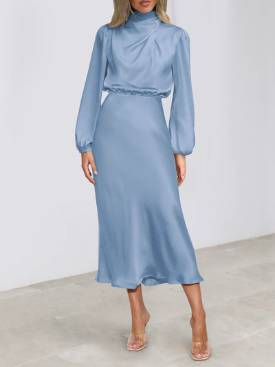 Satin Ruched Long Sleeve Solid Color Midi Dress