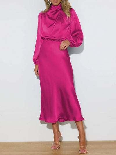 Satin Ruched Long Sleeve Solid Color Midi Dress