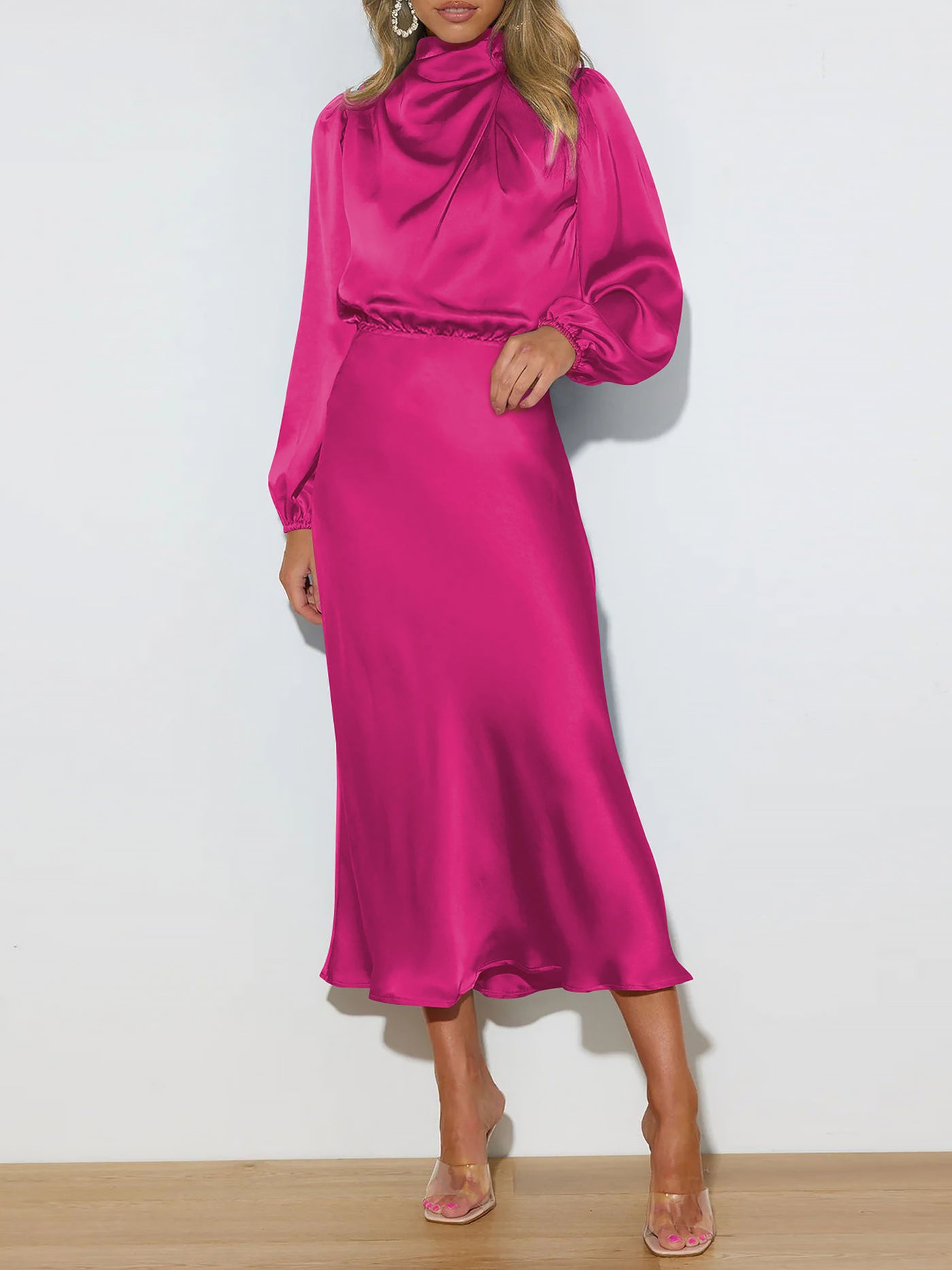 Allegra K Satin Ruched Long Sleeve Solid Color Midi Dress