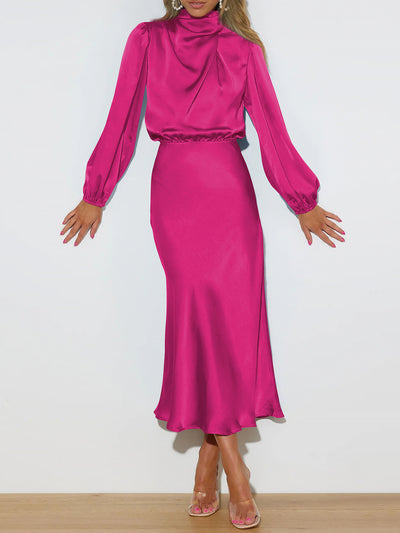 Satin Ruched Long Sleeve Solid Color Midi Dress